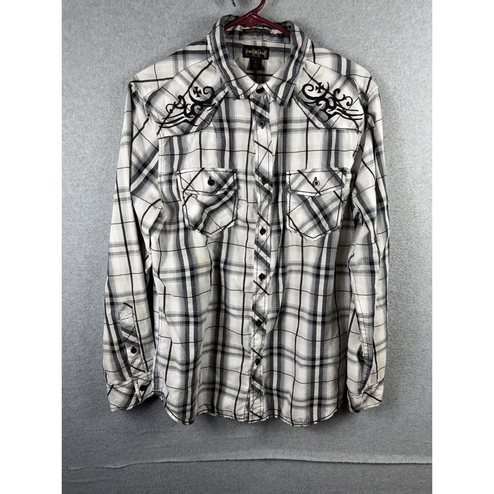Helix Shirt Mens Large Gray Plaid Western Button Up Long Sleeve Embroidered